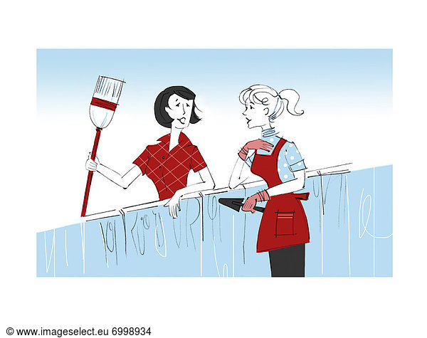 Illustration of Two Women Doing Yardwork and Talking Over Fence