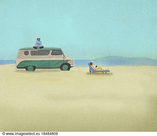 Illustration of two women relaxing on sandy beach in summer