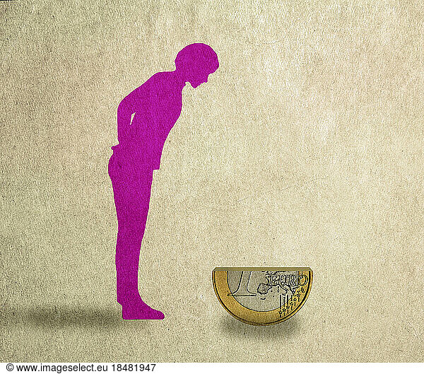Illustration of woman looking at halved Euro coin symbolizing increasing inflation