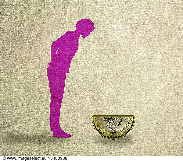 Illustration of woman looking at halved Pound coin symbolizing increasing inflation