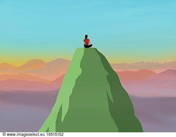 Illustration of woman meditating on mountain peak