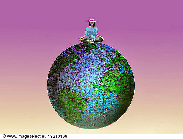 Illustration of woman meditating on top of world