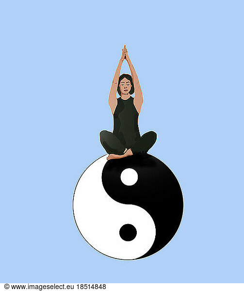 Illustration of woman practicing yoga sitting on yin yang symbol