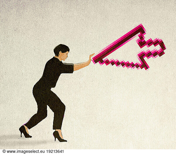 Illustration of woman pushing against oversized computer cursor
