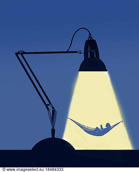 Illustration of woman relaxing in hammock under light of giant desk lamp