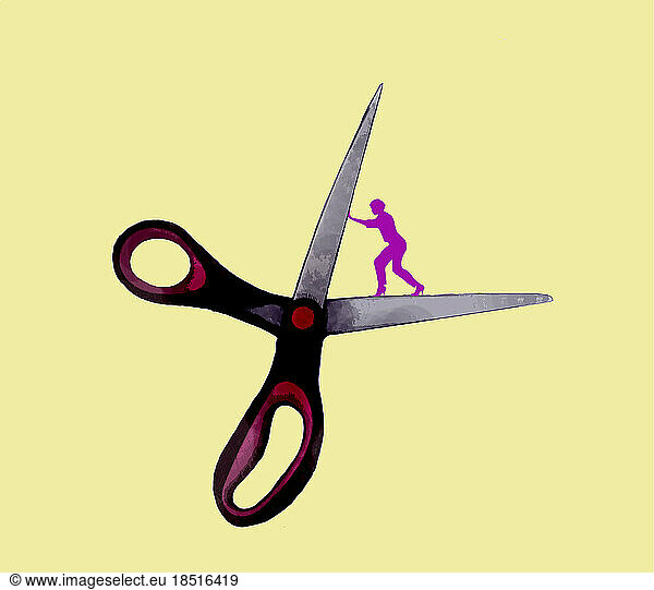 Illustration of woman standing on scissor blade