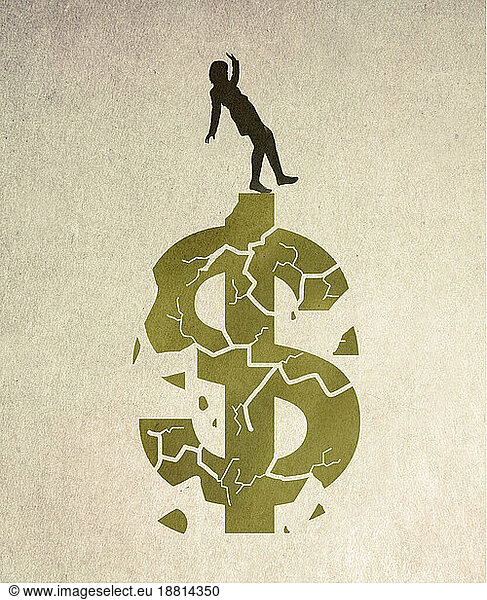 Illustration of woman standing on top of crumbling dollar symbol