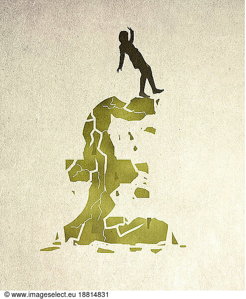 Illustration of woman standing on top of crumbling pound symbol