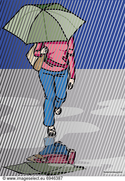 Illustration of Woman Walking in the Rain