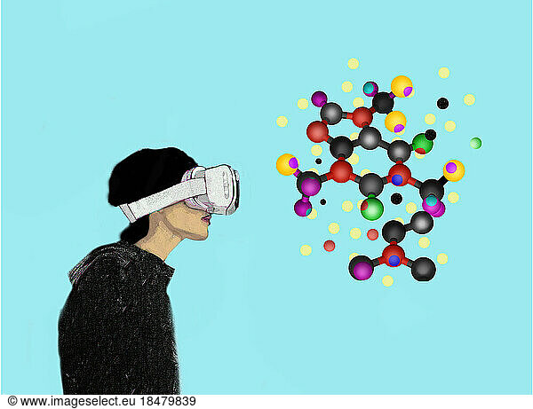 Illustration of woman wearing VR goggles looking at molecular structure
