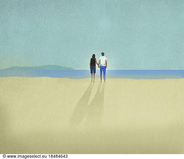 Illustration of young couple holding hands on sandy beach