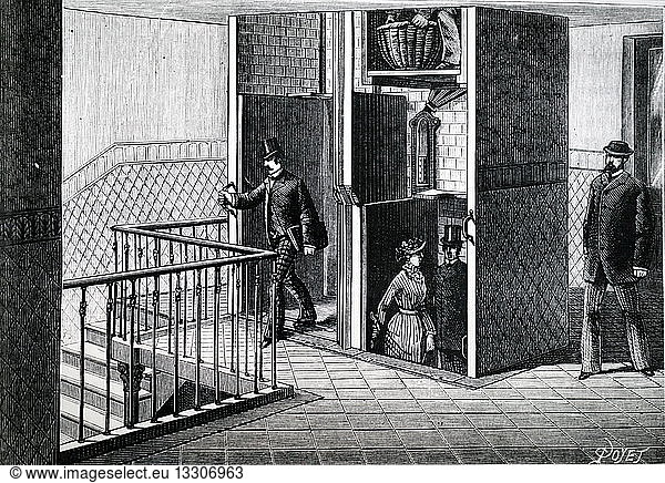 Illustration showing PATERNOSTER (cyclic elevator)
