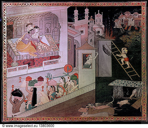Illustrierte Seite aus der Legende von Krishna. Krishna und Radha sehen zu  wie das Dorf vom Feuer verzehrt wird  das symbolisch für ihre Leidenschaft steht. Indien. Hinduistisch. 1785 1790. Kangra.