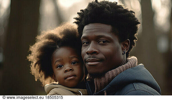 Image Generated AI. Afro american father holding his daugther in arms