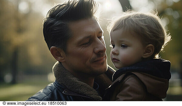 Image Generated AI. Caucasian father and son in the park