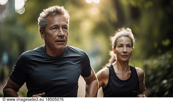 Image Generated AI. Middle aged couple running in the park