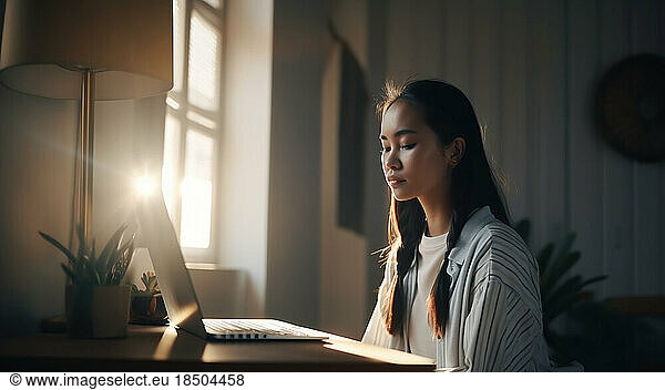 Image Generated AI. Young female studying on computer