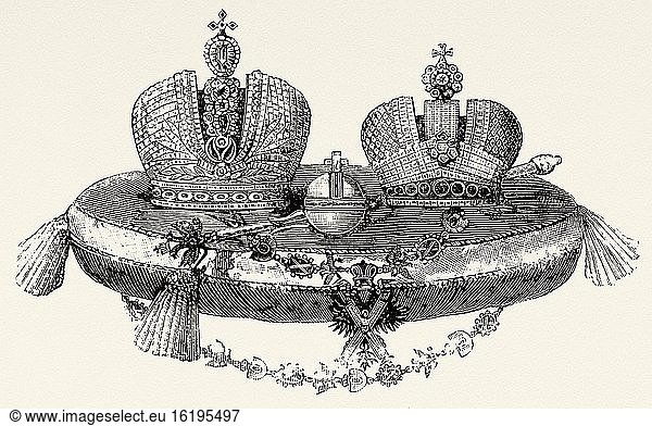 Imperial Crown of Russia  is the crown that served to crown the sovereigns of the Russian Empire from Catherine II of Russia to the coronation of Nicholas II of Russia in 1896. Old XIX century engraved illustration from La Ilustracion Espa?ola y Americana 1894.