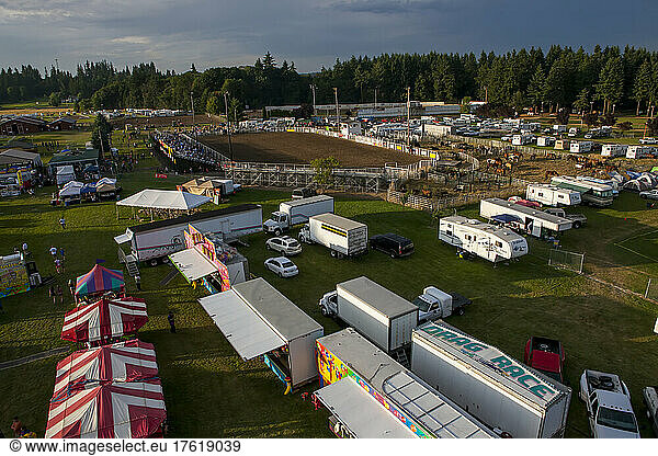In St. Helens  Oregon  a traveling carnival is set-up alongside a horse and rodeo arena; St. Helens  Oregon  United States of America