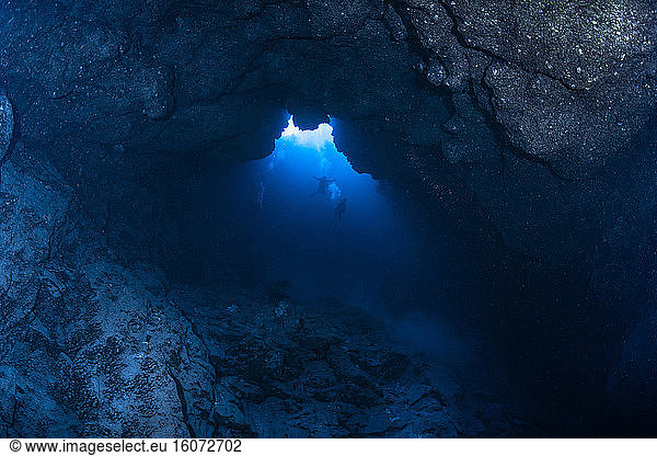 In the blue hole. Underwater photographer in an underwater cave  Misool  Raja Ampat  Indonesia