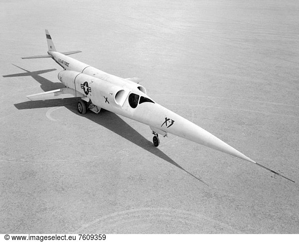 In this NACA High_Speed Flight Station photograph  the X_3 Stiletto is seen illuminated by sunlight off the lakebed at Edwards Air Force Base. This photograph illustrates why  of all the early NACA test aircraft  the X_3 was called the best looking of the lot. The X_3 Stiletto was a single_place jet aircraft with a slender fuselage and a long tapered nose  manufactured by the Douglas Aircraft Company. The X_3’s primary mission was to investigate the design features of an aircraft suitable for sustained supersonic speeds  which included the first use of titanium in major airframe components. It was delivered to the NACA High_Speed Flight Station in August of 1954 after some Douglas and Air Force evaluation testing. Although it made some significant contributions to knowledge about inertial coupling  a tendency to diverge from the intended flight path at near supersonic speeds  the X_3 never lived up to its expectations as a Mach 2 aircraft.