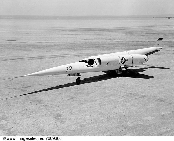 In this NACA High_Speed Flight Station photograph  the X_3 Stiletto is seen on the lakebed at Edwards Air Force Base. The X_3 Stiletto was a single_place jet aircraft with a slender fuselage and a long tapered nose  manufactured by the Douglas Aircraft Company. The X_3´s primary mission was to investigate the design features of an aircraft suitable for sustained supersonic speeds  which included the first use of titanium in major airframe components. It was delivered to the NACA High_Speed Flight Station in August of 1954 after some Douglas and Air Force evaluation testing.