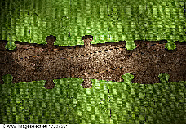 Incomplete green jigsaw puzzle pieces on table