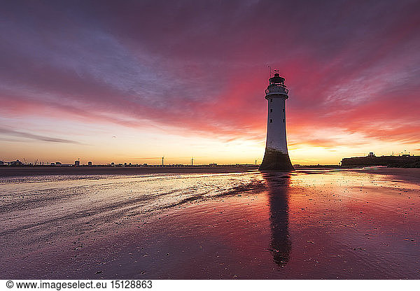 Incredible sunrise at Perch Rock Lighthouse  New Brighton  Merseyside  The Wirral  England  United Kingdom  Europe