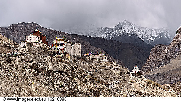 India  Ladakh  Panorama of secluded Buddhist monastery in Himalayas