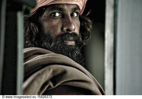 Indian man in a train travel