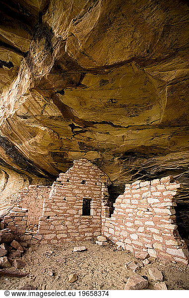 Indian ruins located on Comb Ridge at the Big Cave or 'Fish Mouth Cave' area in Utah.