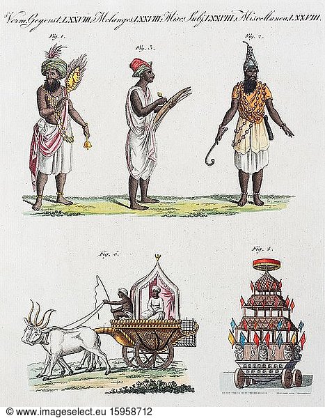 Indian traditional costumes and vehicles  hand-coloured copperplate engraving from Friedrich Justin Bertuch picture book for children  1807  Weimar  Germany  Europe