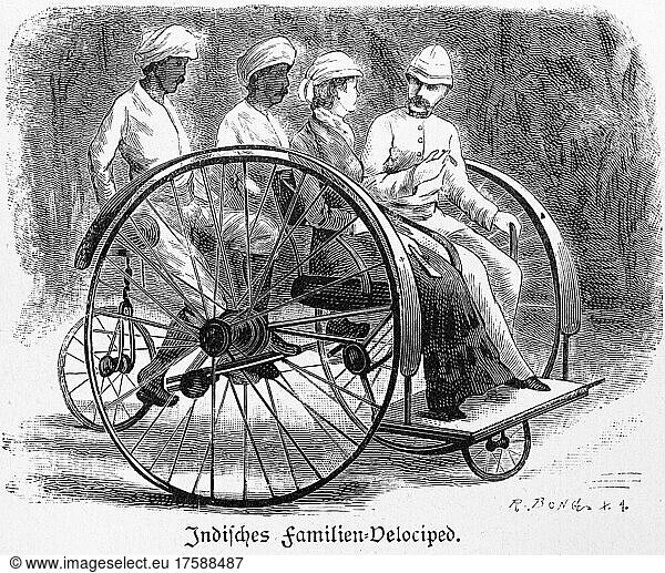 Indian velocipede  family  bicycle  invention  traffic  transport  man  woman  elegance  colony  colonialism  historical illustration from 1897  Calcutta  India  Asia