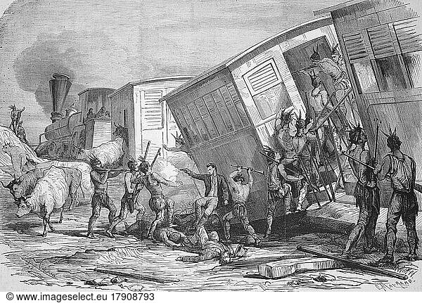 Indianer der Sioux überfallen einen Zug der Linie Pazifik Railroad im Westen der Vereinigten Staaten  1869  Amerika  Historisch  digital restaurierte Reproduktion einer Originalvorlage aus dem 19. Jahrhundert  genaues Originaldatum nicht bekannt