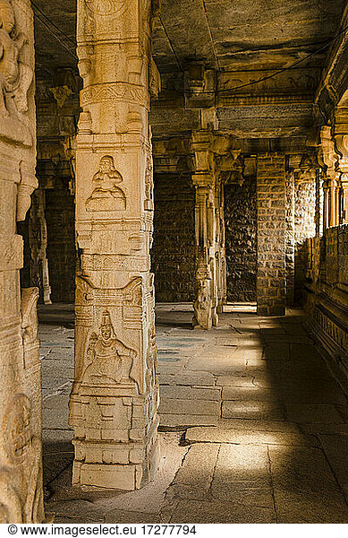 Indien  Karnataka  Hampi  Geschnitzte Säulen im Tempel des Vijaya Vittala Komplexes im Wüstental von Hampi