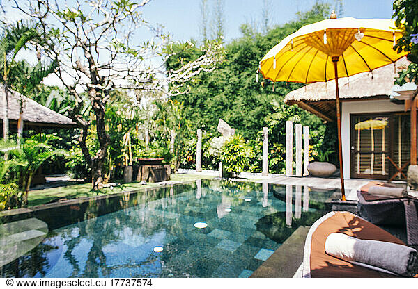 Indonesia  Bali  Defocused view of poolside of luxurious villa in summer