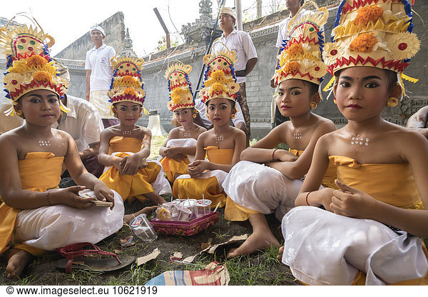 Indonesia  Bali  young Bali dancer waiting or their perfomance during a temple ceremony