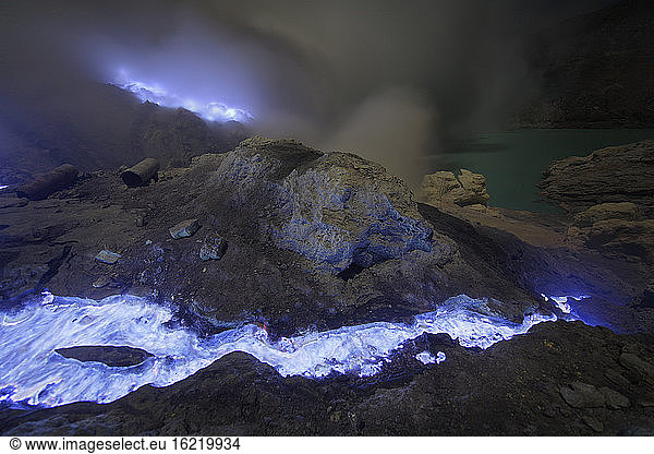 Indonesia  Java  Burning sulfur flowing from kawah Ijen volcano