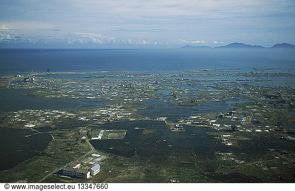 INDONESIA Tsunami Aceh Province Aerial shot looking down on flooded Banda Aceh  5 months after December 2004.