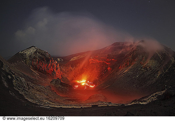 Indonesia  View of lava erupting from Krakatau volcano