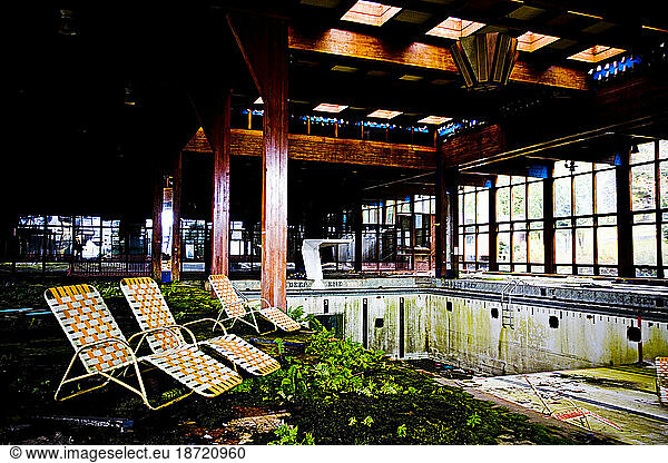 Indoor pool of an abandoned resort hotel in the Catskills Mountains.