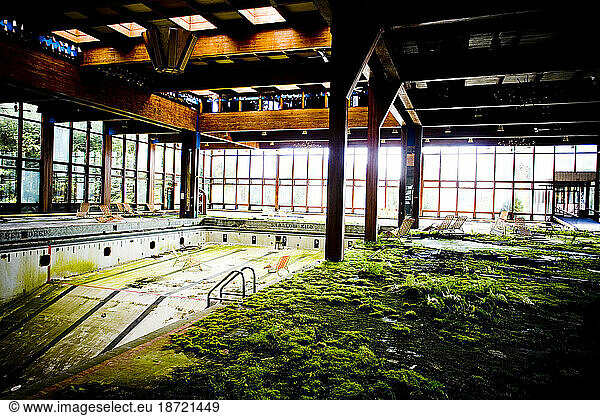 Indoor pool of an abandoned resort hotel in the Catskills Mountains.