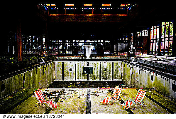 Indoor pool of an abandoned resort hotel in the Catskills Mountains.