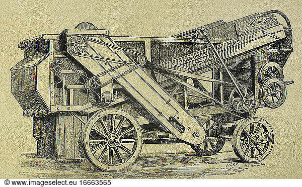 Industrielle Revolution. Landwirtschaftliche Maschinen. Dreschmaschine. Reihe K. Kupferstich von Haure. La Ilustracion Espanola y Americana  1870.