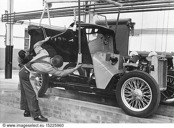 industry  car industry  production  mounting of a MG TC roadster  Morris Garages works  Abingdon  Oxfordshire  England  2nd half 1940s