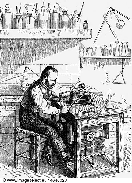 industry  glass  gaffer at the lamp  wood engraving  Germany  19th century  people  professions  factory  worker  craftsman  handcraft  shop  workbench  table  historic  historical