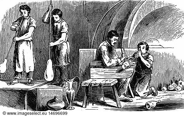 industry  glass  gaffer  wood engraving  Germany  19th century  people  professions  worker  factory  craftsmen  handcraft  glassblower  historic  historical