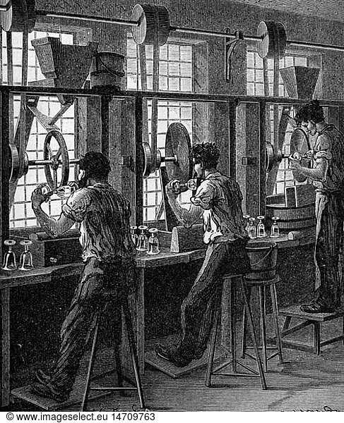 industry  glass  grinding and polishing of crystal glass  wood engraving  Germany  19th century  factory  production  glass kiln  technics  worker  machine  people  historic  historical