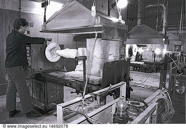 industry  glass-making at VEB Jenaer Glaswerk (glass plant)  reunited after the turning point with the Schott AG  Jena  East-Germany  29.03.1990  glass plant  glass plants  glasses  special glass  glass production  workplace  place of work  working place  workplaces  places of work  working places  employment  workstation  workstations  work station  work area  industry  industries  East German economy  turning points  turning point  1990  1990s  90s  fabrication  manufacture  building  creation  production  20th century  reunite  reuniting  historic  historical  Germany  men  man  male  people