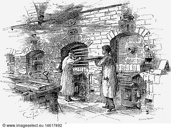 industry  glass  ovens for melting the colours  wood engraving after drawing by Consee  Germany  19th century  people  professions  worker  factory  oven  historic  historical